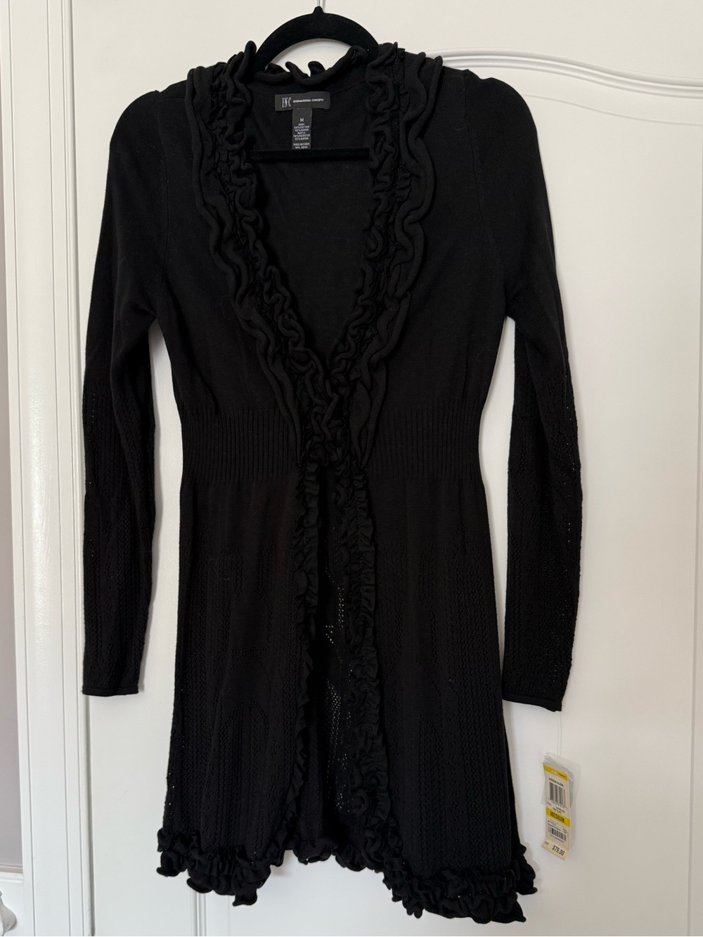 INC International Concepts Black Ruffle-Trim Long Sleeve Tunic Length Cardigan